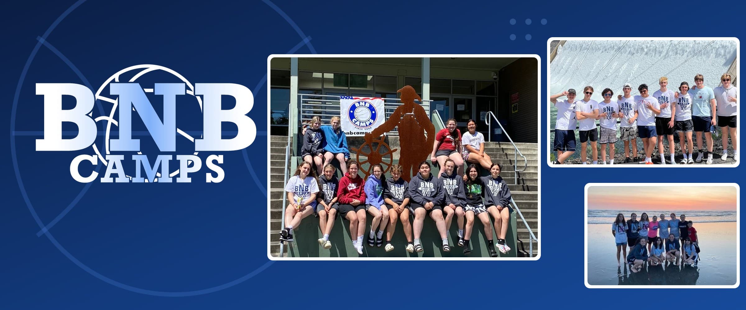 BNB Camps logo beside photos of girls in BNB Camps hoodies under the camp banner, boys in BNB Camps tees and a girls' team on the beach